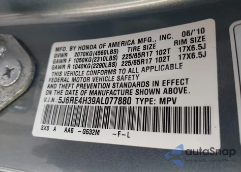 2010 Honda Cr-V Lx from USA, damaged, VIN 5J6RE4H39AL077880